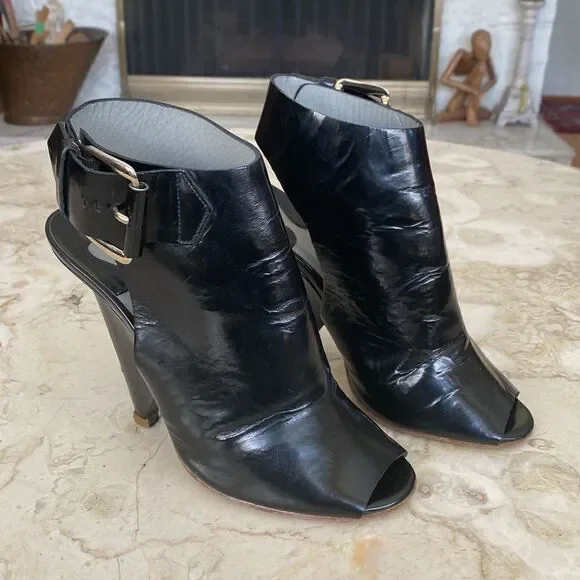 Chloe Black Patent Leather Peep-Toe Buckle Accent Heels - Picture 3 of 14